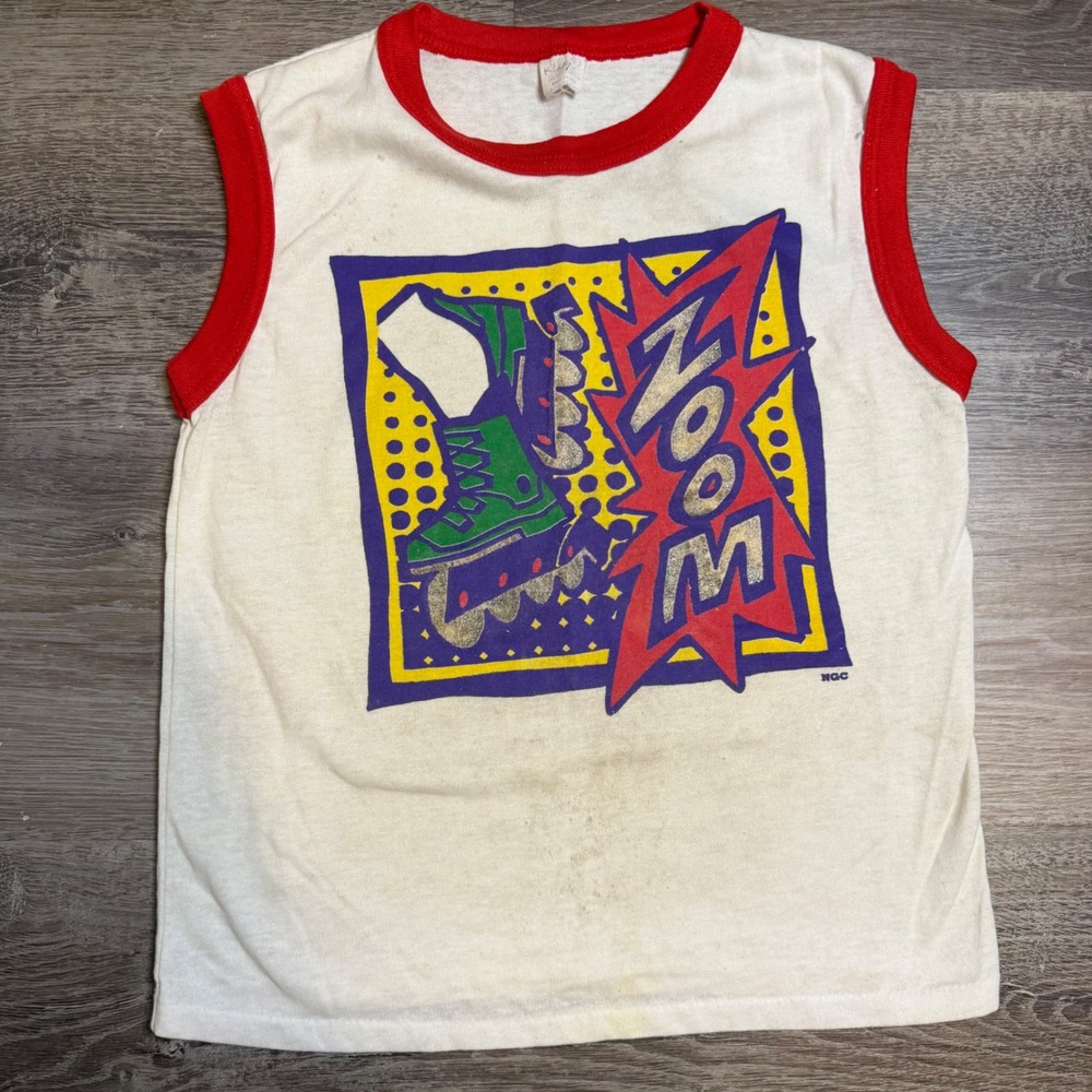 Vintage 90s Kids Ringer Tank Top White Red Zoom Rollerblade Graphic USA Made L